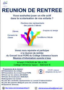 Réunion de rentrée FCPE le lundi 21/09/20 à 18h