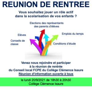 Réunion de rentrée : lundi 20/9/21 à 18h30