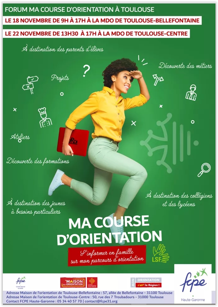 Invitation au forum « Ma course d’orientation » organisé par la FCPE31 les 18 et 22 novembre 2023 à Toulouse