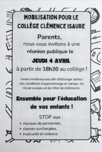 Réunion publique jeudi 4 avril 2024 à 18h30 au collège