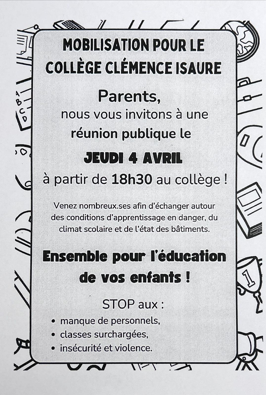 Réunion publique jeudi 4 avril 2024 à 18h30 au collège